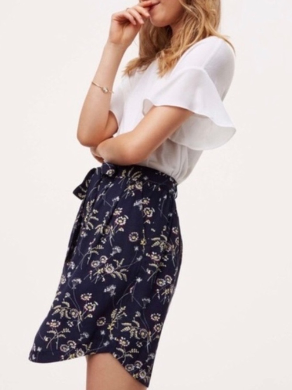 Loft Floral Button Front Belted Mini Skirt Navy Size MP